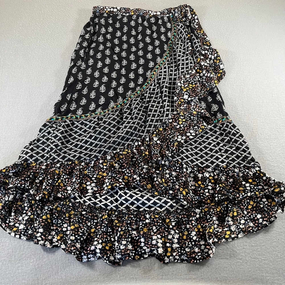 Christian Siriano Womens Small Mixed‎ Print boho Ruffle Wrap Maxi Skirt Black - Picture 9 of 11